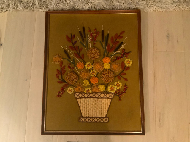 Crewel Embroidery Floral basket arrangement 70s framed