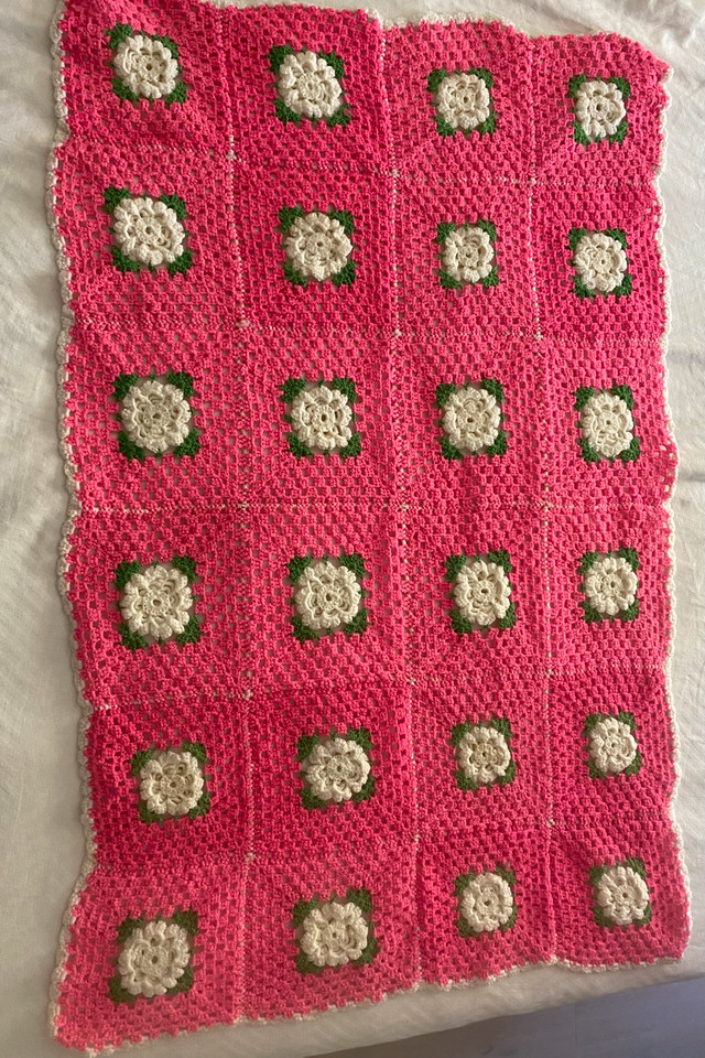 pink Floral Rosette Afghan Throw Wool Blanket