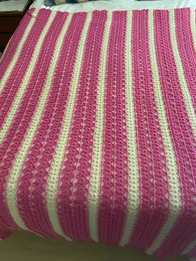 Pink and White Stripe Knitted Afghan Blanket