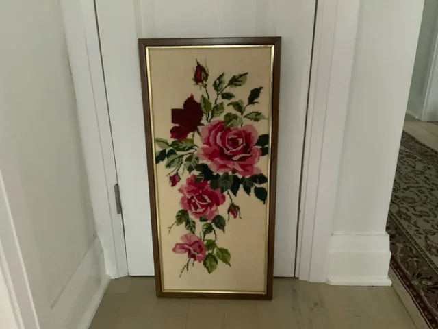 Vintage Needlepoint Embroidery Red pink Roses in Frame 12” x 25” thumbnail