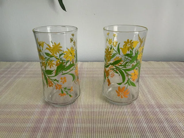 Clear DRINKING Glass Yellow and Orange FLOWERS AND GREEN thumbnail