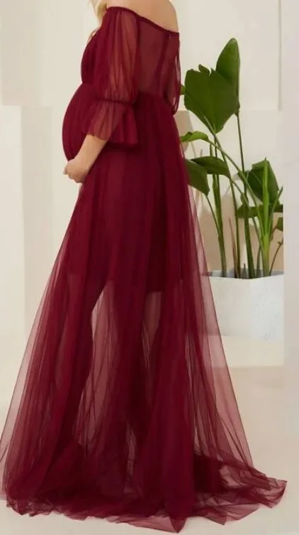 Maternity Off Shoulder Flounce Sleeve Mesh DressBurgundy XL image indicator(2)
