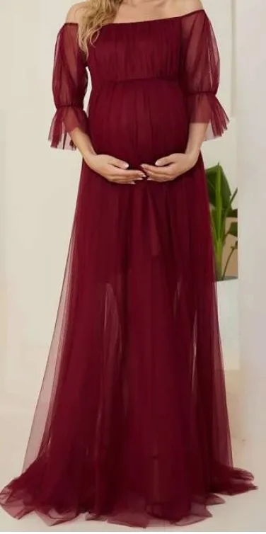 Maternity Off Shoulder Flounce Sleeve Mesh DressBurgundy XL image indicator(3)