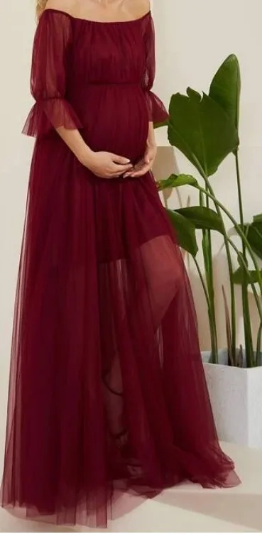 Maternity Off Shoulder Flounce Sleeve Mesh DressBurgundy XL image indicator(4)