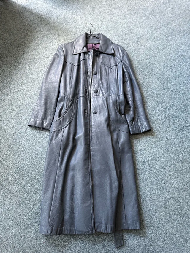 Vintage Olympic Leather Long Trench Coat, Blueish grey, size 14 thumbnail
