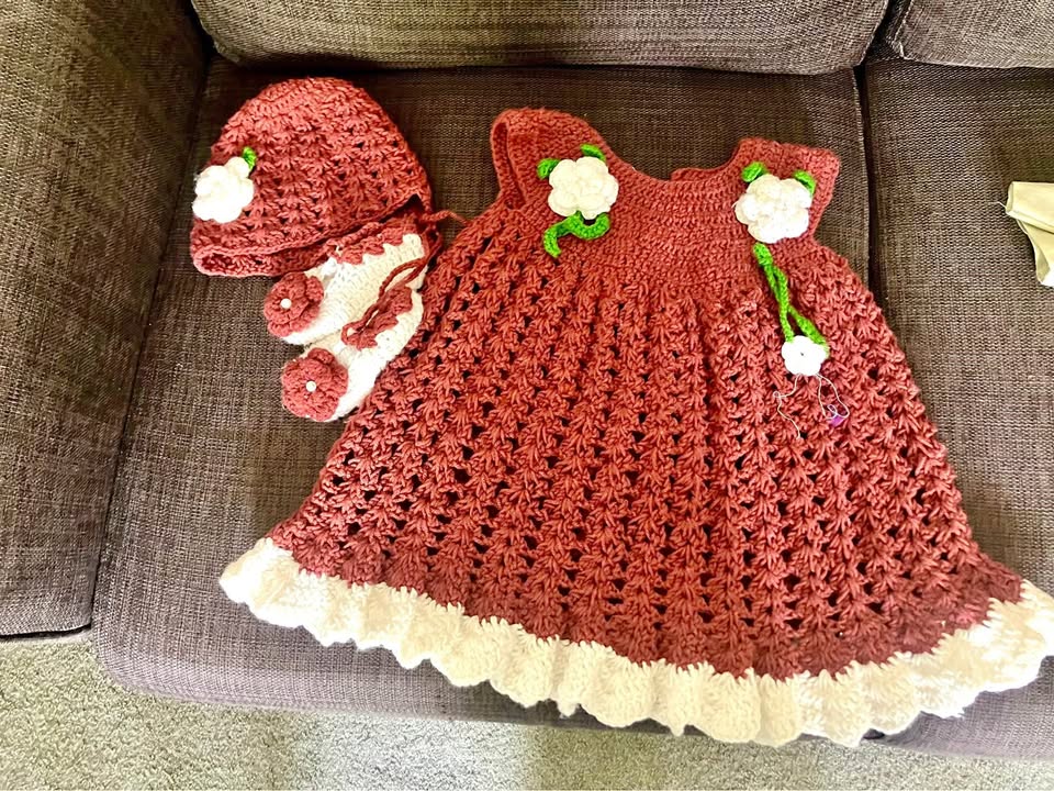 Beautiful crochet dress with booties and hat ,great gift