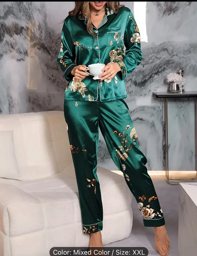 Women's Teal Floral Satin Pajama Set - Size XXL image indicator(2)