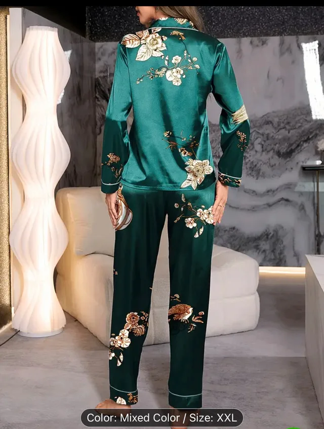 Women's Teal Floral Satin Pajama Set - Size XXL image indicator(3)