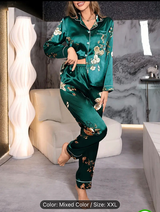 Women's Teal Floral Satin Pajama Set - Size XXL - photo 4