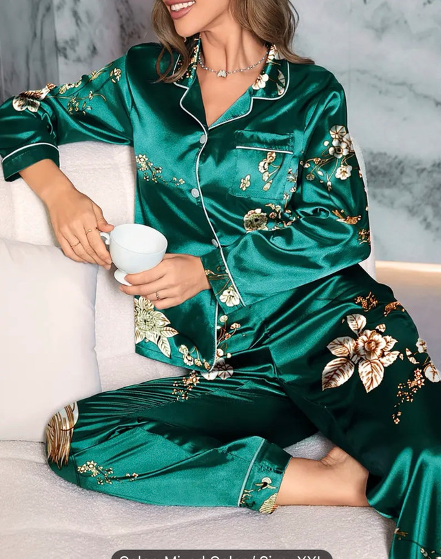 Women's Teal Floral Satin Pajama Set - Size XXL - photo 5