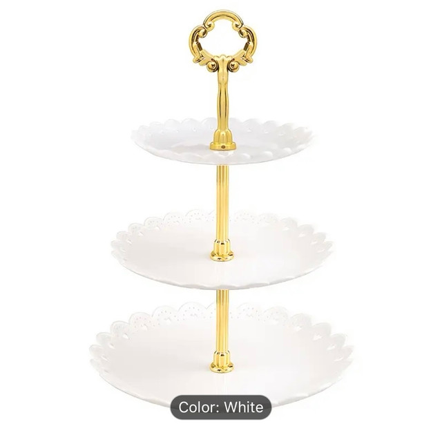 Three-Tiered White Serving Stand with Gold Accents