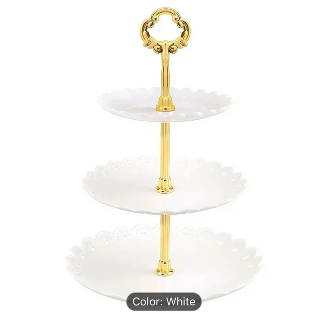 Three-Tiered White Serving Stand with Gold Accents thumbnail
