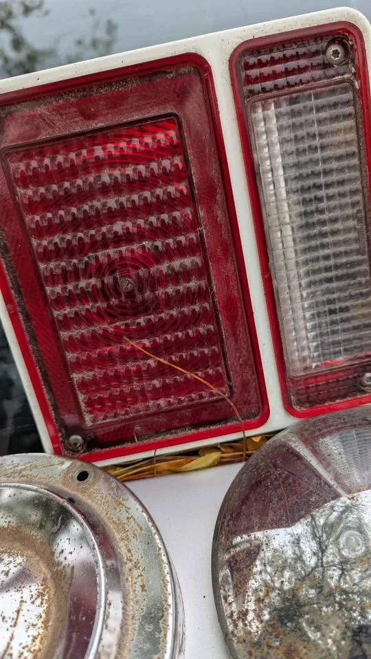 Vintage Car Parts Lot – Hubcaps, Tail Lights, Mirror image indicator(3)