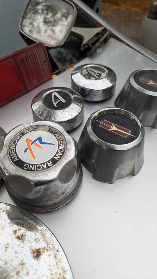 Vintage Car Parts Lot – Hubcaps, Tail Lights, Mirror image indicator(4)