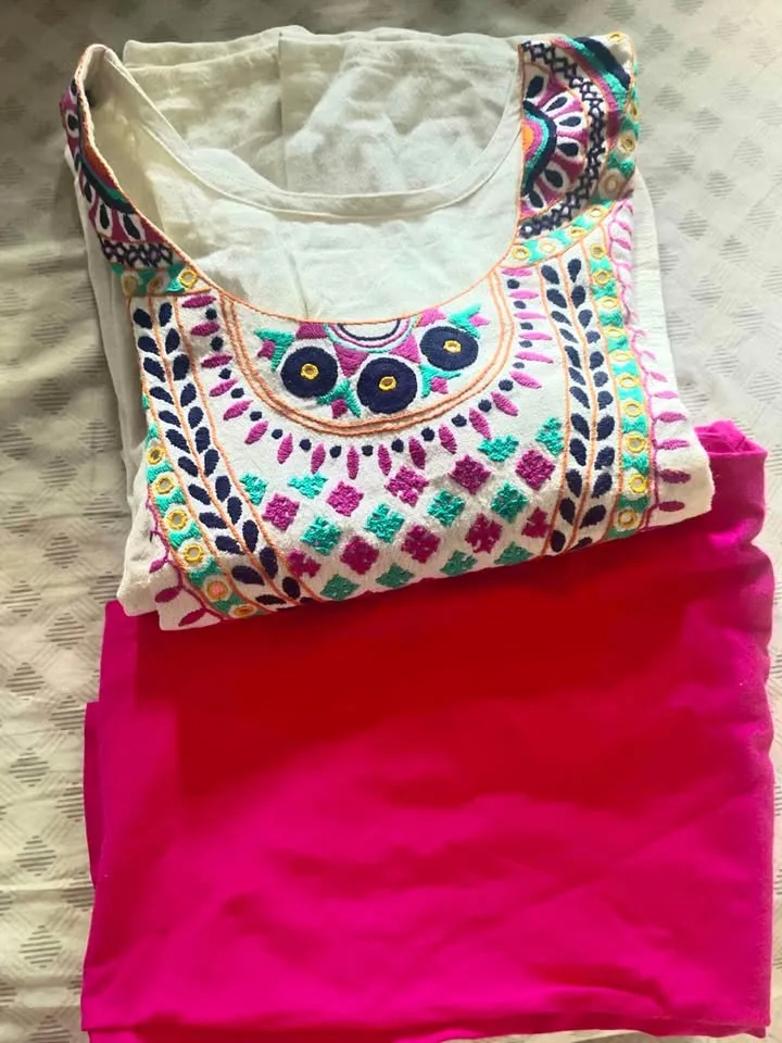 Off white and pink embroidered Kurti set thumbnail