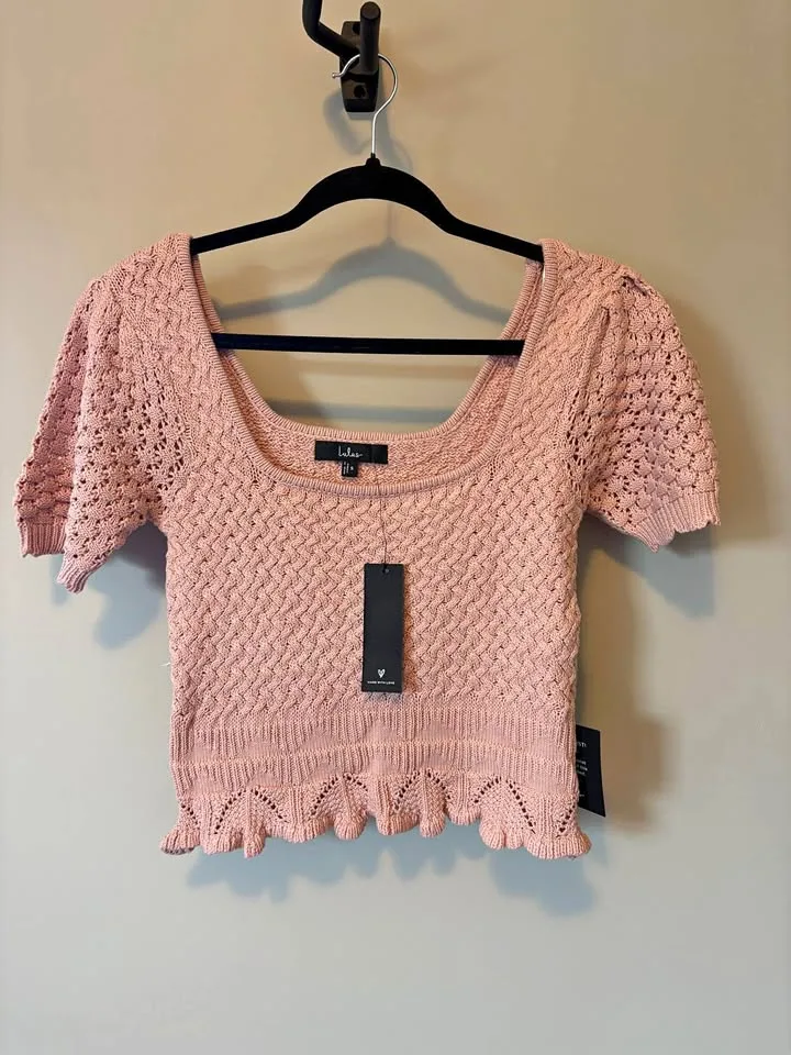 Lulus Crochet Short Sleeve Sweater Top sz Small thumbnail