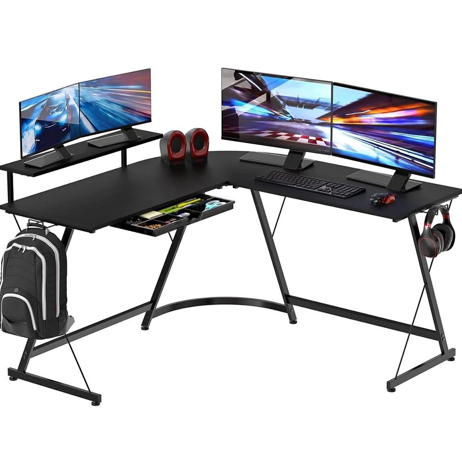 L-Shaped Desk with Monitor Stand and Standing Desk Riser
