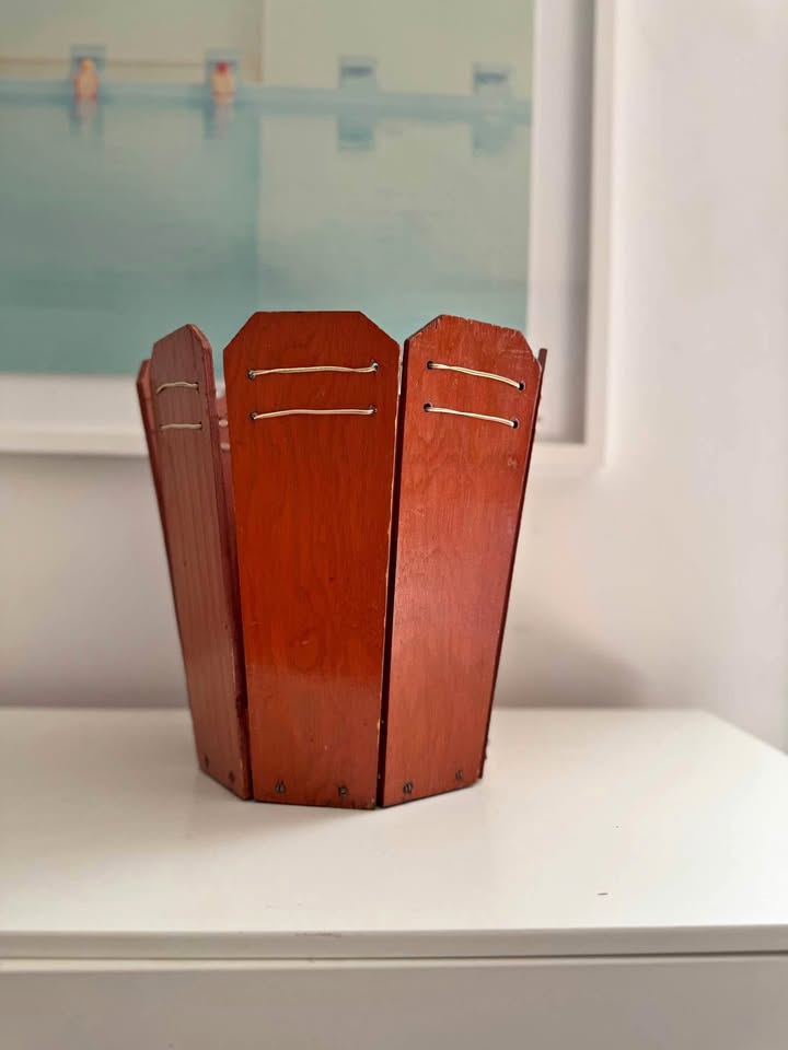 Vintage Leather Bound Craftsman Wooden Waste Basket