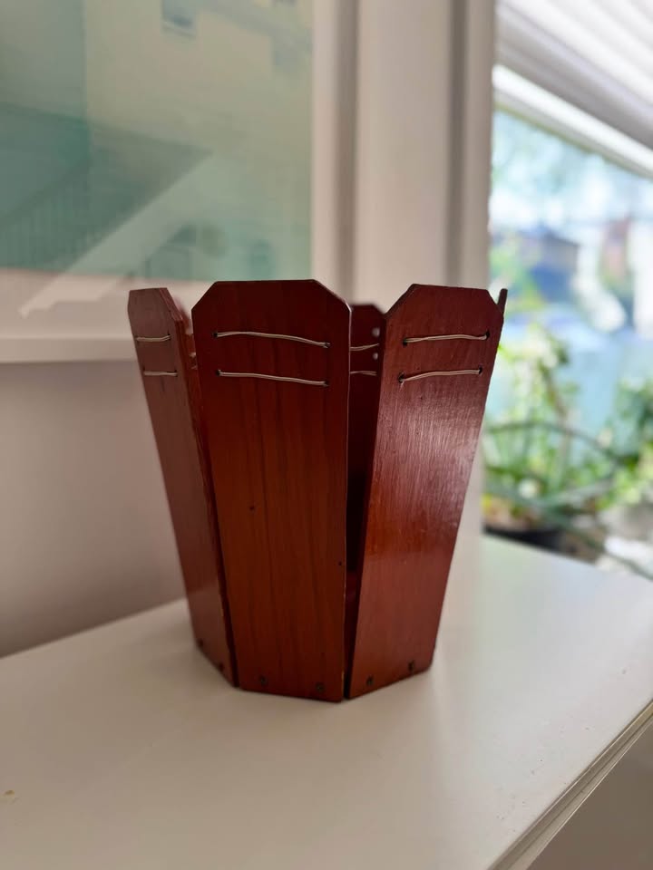 Vintage Leather Bound Craftsman Wooden Waste Basket - photo 2