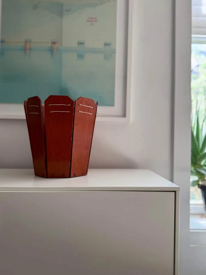 Vintage Leather Bound Craftsman Wooden Waste Basket image indicator(3)