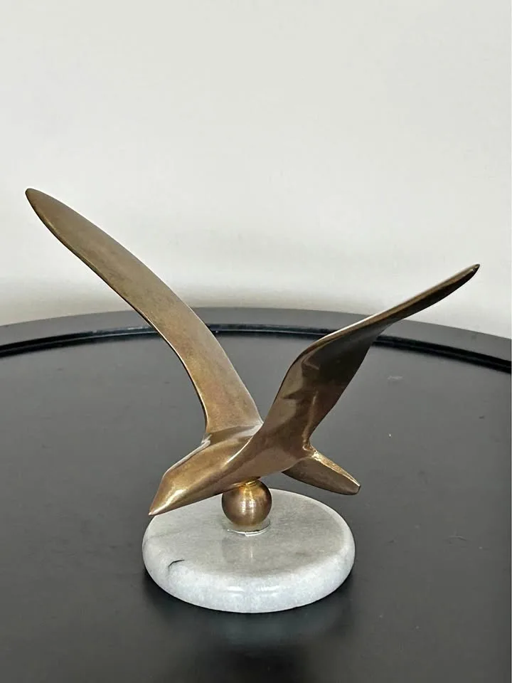 Vintage Brass Seagull Figurine on White Marble Base – 4” Tall thumbnail