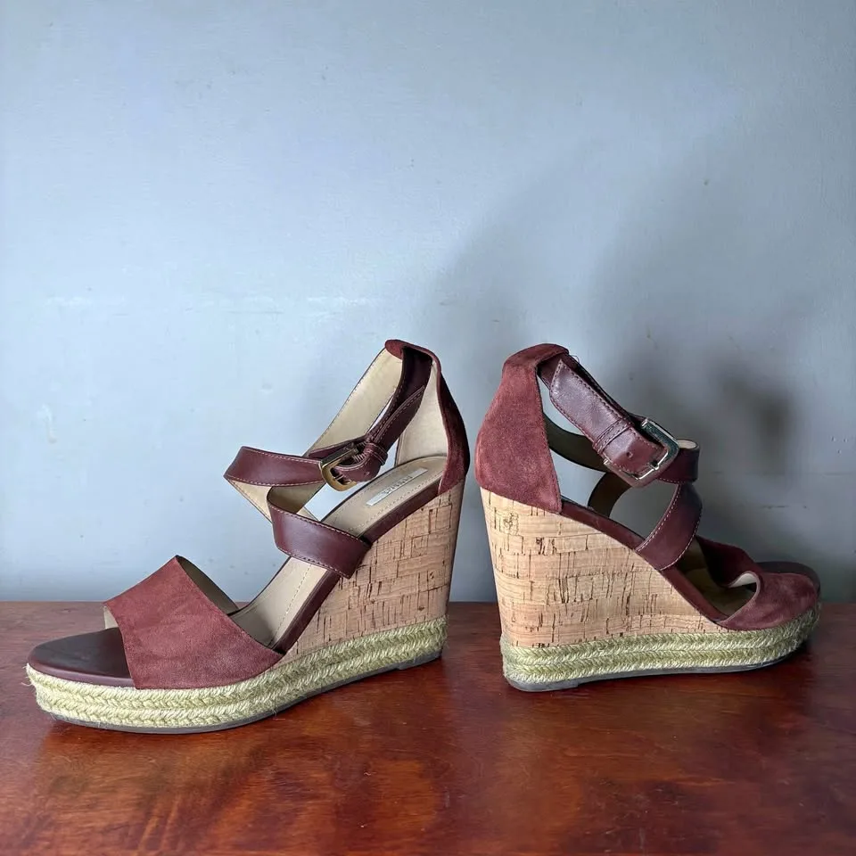 Geox burgundy suede cork wedge sandal thumbnail
