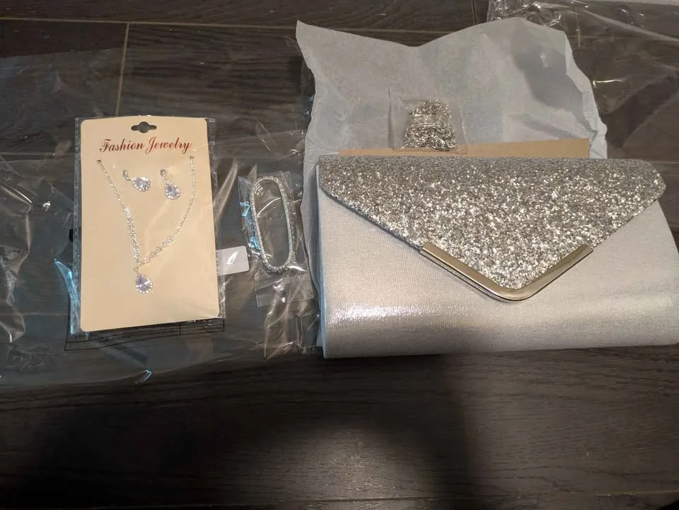 Brand new sparkling glitter evening bag with jewelry combo set image indicator(3)