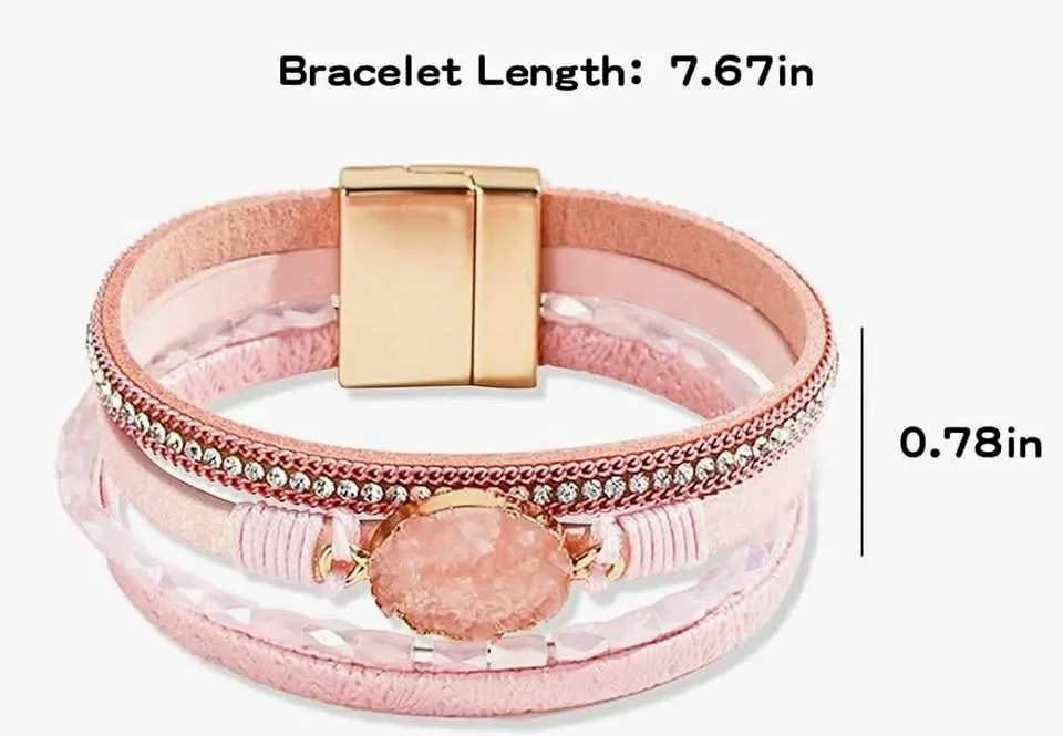 Leather Wrap Bracelet Boho Cuff Crystal Bead Clasp Jewelry thumbnail