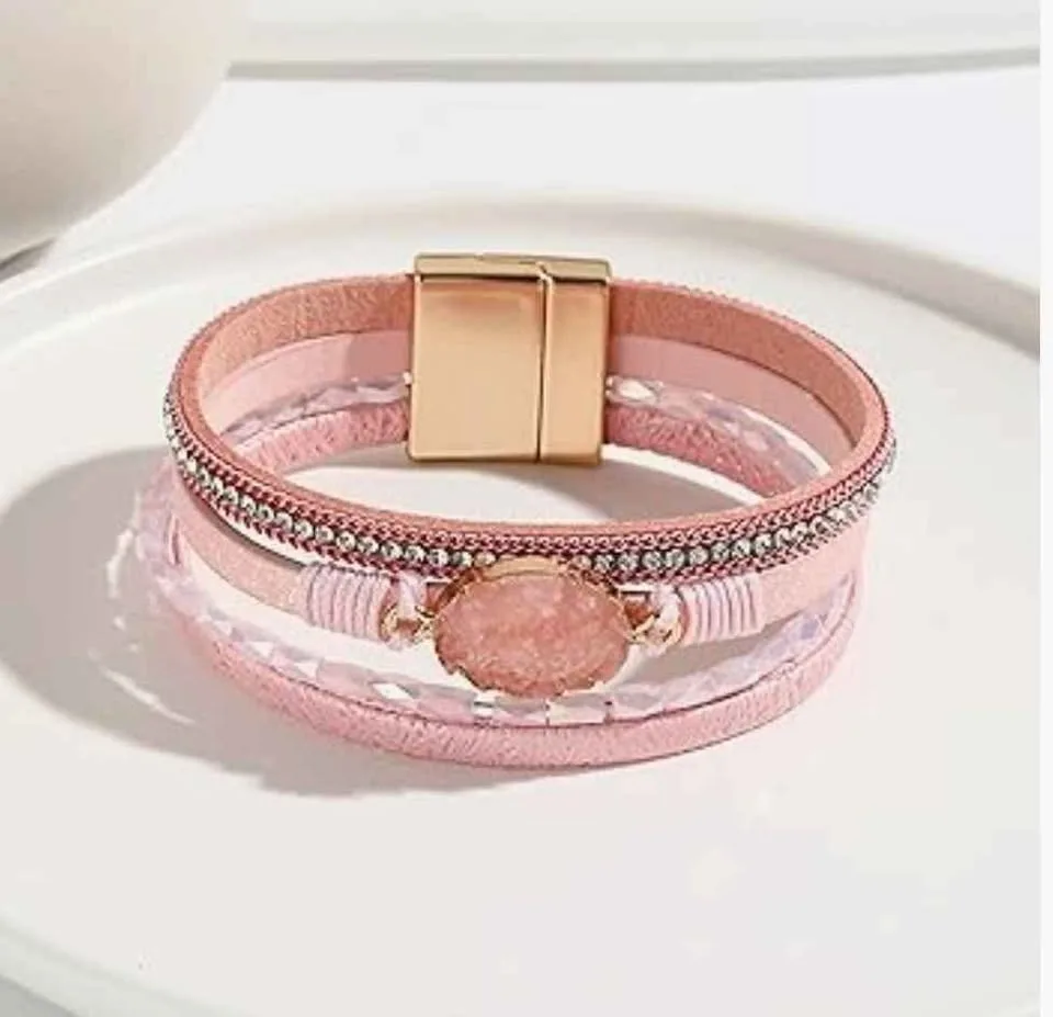 Leather Wrap Bracelet Boho Cuff Crystal Bead Clasp Jewelry image indicator(2)