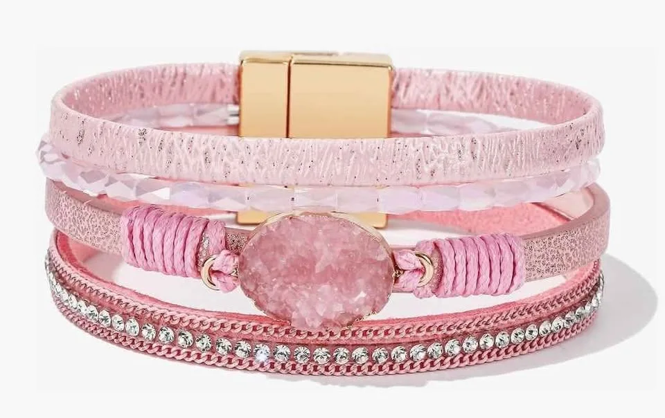 Leather Wrap Bracelet Boho Cuff Crystal Bead Clasp Jewelry image indicator(3)