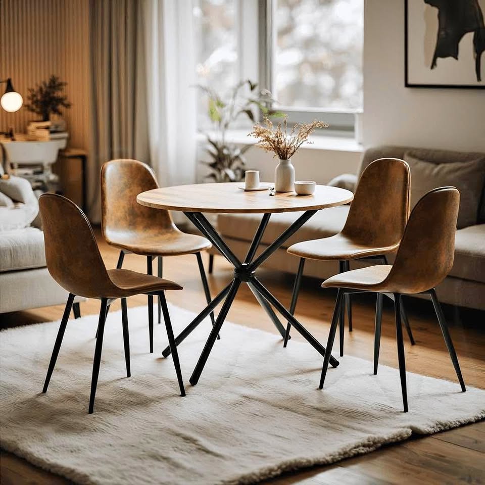 Dining set of 4 brown chairs and A round dining table