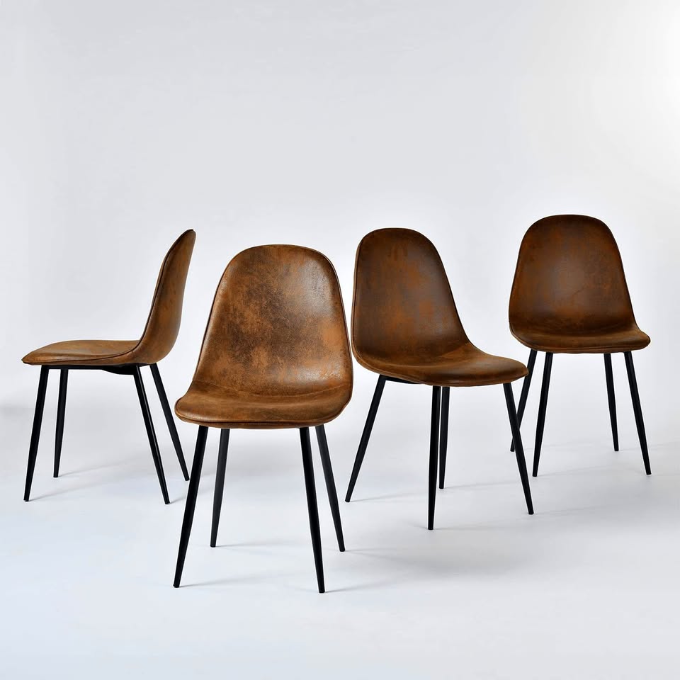 Set of 4 Modern Dining Chairs, Brown Faux Suede