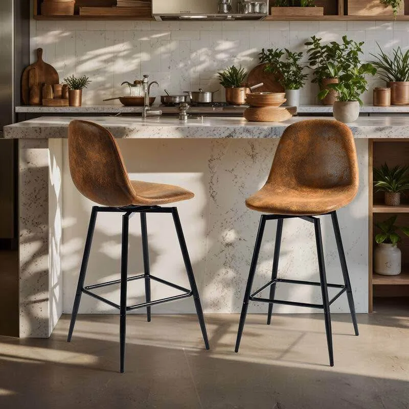 Set of 2 Fabric Counter Stools Curved Back and Metal Legs image indicator(2)