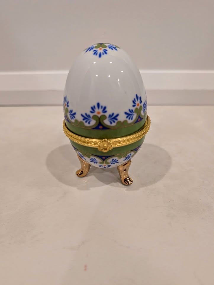 Hand Painted Egg Trinket Box with Blue and Green Design
