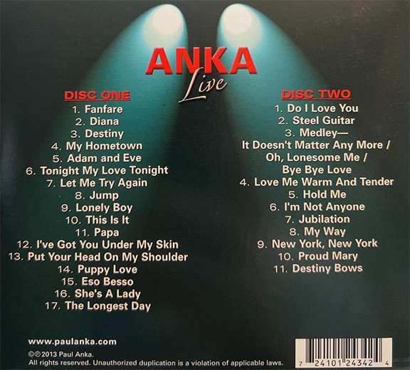 Paul Anka: Anka Live (2 Music CD Set 2013) *Rare* - photo 2