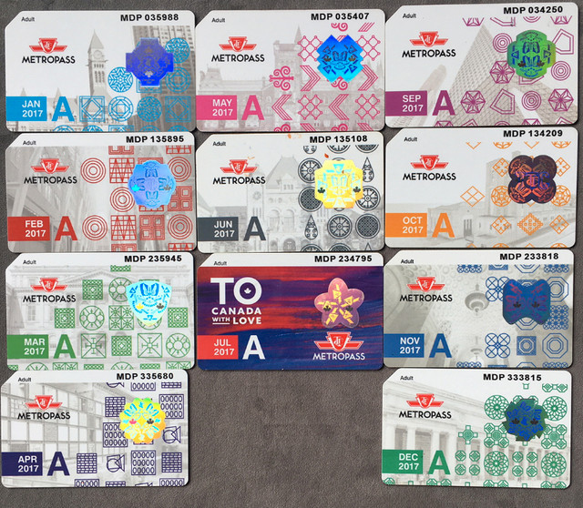 Collectible TTC monthly adult Toronto subway metro passes 2017