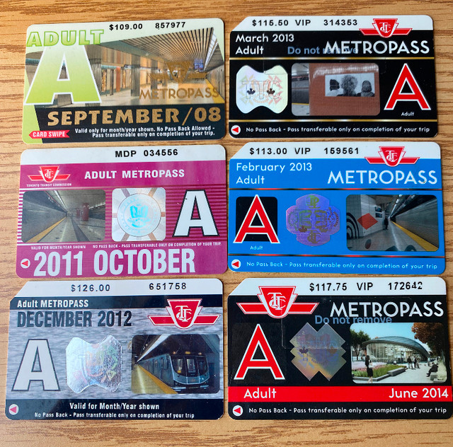 Collectible TTC monthly adult Toronto metro passes 2008-2014