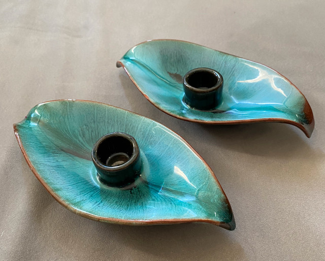 Two Vintage Blue Ceramic Candle-holders tree leaf shaped 6 inch