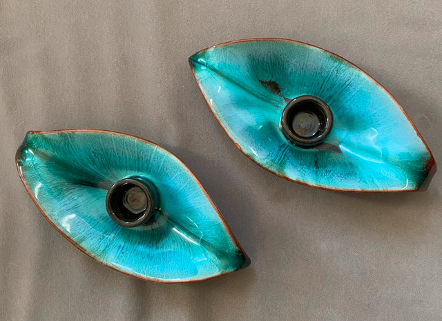 Two Vintage Blue Ceramic Candle-holders tree leaf shaped 6 inch - photo 2