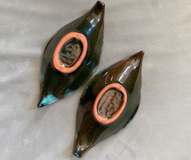 Two Vintage Blue Ceramic Candle-holders tree leaf shaped 6 inch - photo 3