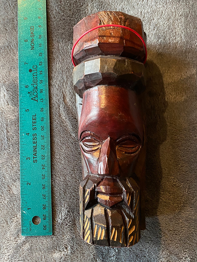 Carved Wooden Head Face Statue from Jamaica Tiki man Folk Art 9'