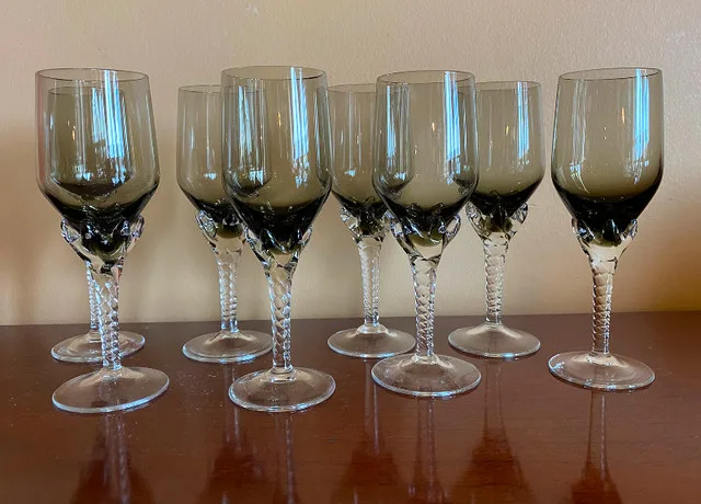 8 Vintage Cocktail Liquor Twisted Stem Smoked Glass Sasaki style thumbnail