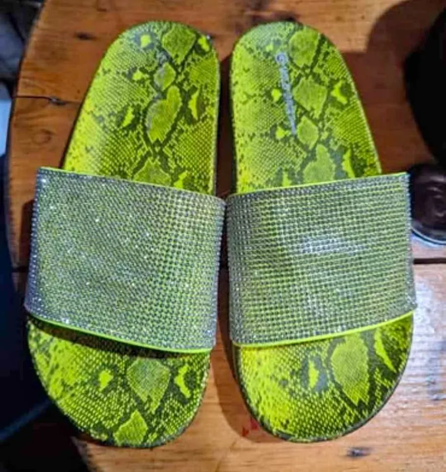 Women’s Size 8 Neon Green Snake Print Slides thumbnail