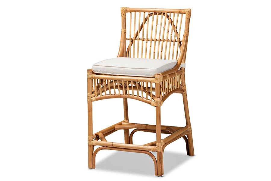 NEW Rose Counter Stool White Fabric & Brown Rattan