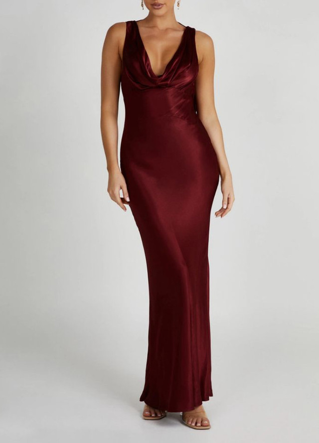 ANGELIQUESatin Cowl Back Maxi Dress - Berry! size XS