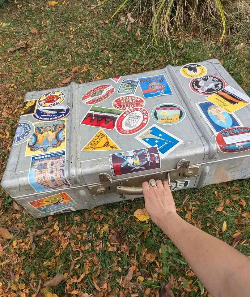 Vintage Aluminum Suitcase with Retro Travel Stickers image indicator(2)