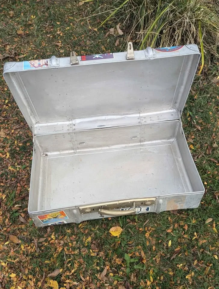 Vintage Aluminum Suitcase with Retro Travel Stickers image indicator(3)