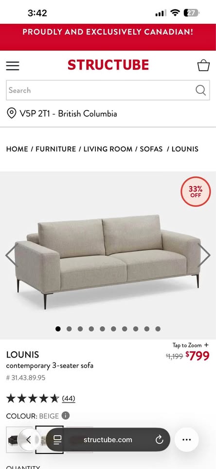 Structube LOUNIS contemporary 3-seater sofa