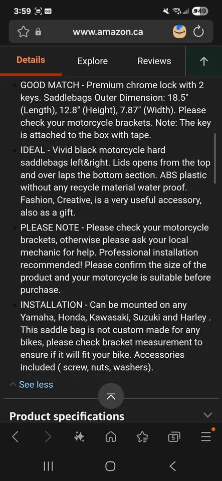 Vivid Black 60L Large Hard Saddle Bag Trunk W/brackets image indicator(3)