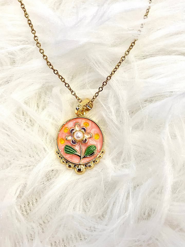 Vintage Floral Enamel Necklace – Pink Rose Pendant
